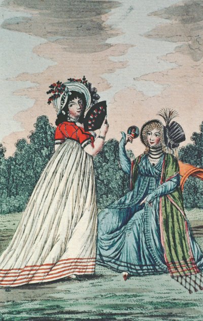 庭にいる2人のおしゃれな女性、1800年頃（カラー彫刻） 作： English School