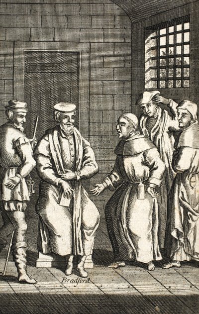 ブラッドフォード氏と話している2人のスペインの修道士。ジョンフォックス; c17th;キツネ; 作： English School