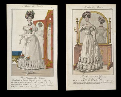 イブニングドレスの女性のファッションプレート2枚、モデドゥパリの広告、c.1825 作： English School