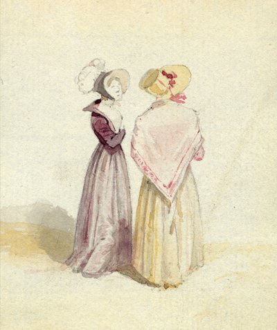 ボンネットの2人の女性、1825年頃（紙にトイレ） 作： English School