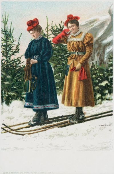 雪景色をスキーで滑る2人の女性 作： English School
