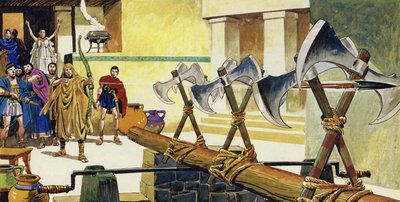 ユリシーズは弓をつなぎ、斧の頭の間の狭い空間に矢を送りました 作： English School