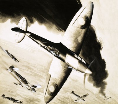 ドイツの戦闘機とのドッグファイトにおける正体不明のスピットファイア 作： English School