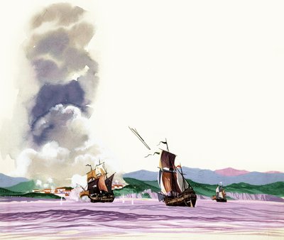帆船が海岸で発砲し、火が返された正体不明の戦い 作： English School