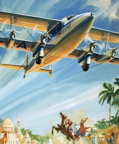 北アフリカ上空を飛行する正体不明の複葉機 作： English School