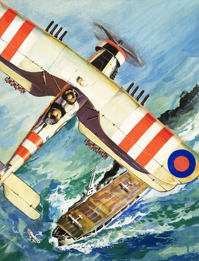 空母上空を飛行する正体不明の双発機 作： English School