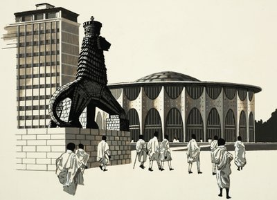 奇妙な像のある正体不明の街のシーン 作： English School