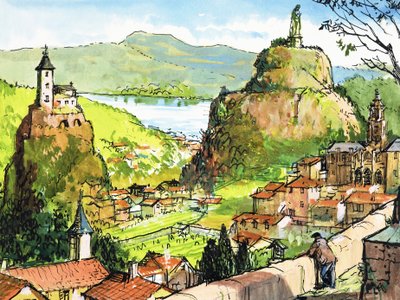 丘の上の像の反対側の岩の上の教会と正体不明の田舎のシーン 作： English School