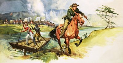 向こう岸で攻撃を受けているイギリス兵と川から走り去る正体不明のカウボーイ 作： English School