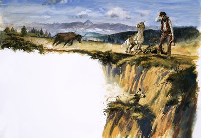 正体不明のカウボーイは、去勢牛を救う方法を疑問に思って頭を掻きます 作： English School