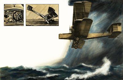 嵐の海の上を飛んでいる正体不明の初期の複葉機 作： English School