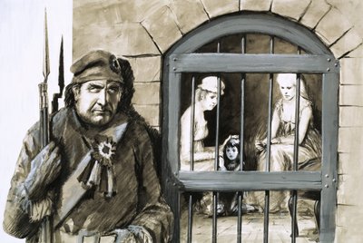 手前に看守を従え、独房内にいる身元不明の囚人たち 作： English School