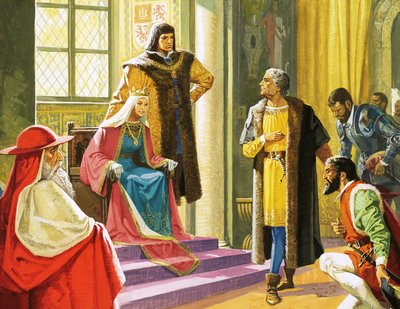 女王とその廷臣の前でひざまずく男性との正体不明のシーン 作： English School