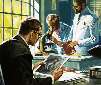 正体不明の科学者、写真を見ている人、顕微鏡を見ている人 作： English School