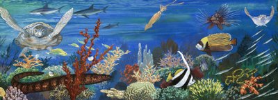カラフルな魚やカメなど、正体不明の海中生物 作： English School