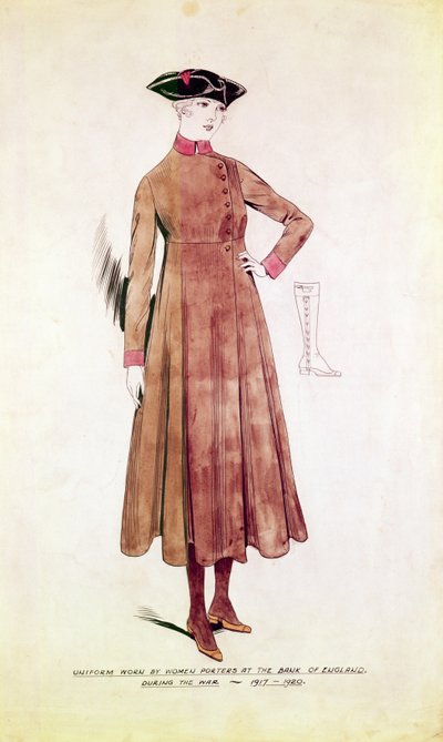 イングランド銀行1917-20で女性ポーターが着用した制服（ペンとインク、トイレットペーパー付き） 作： English School
