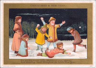 雪の中で遊び、雪玉を投げる子供たちのヴィクトリア朝のクリスマス・年賀状、1880年頃（カラーリトグラフ 作： English School