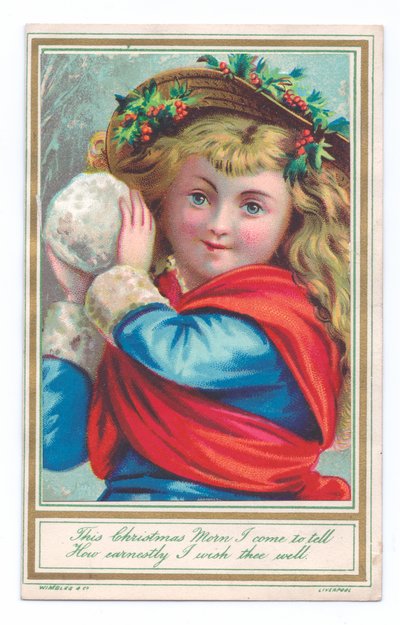 雪玉を持ったホリのついた帽子をかぶった子供のヴィクトリアン・クリスマスカード、1880年頃（カラーリトグラフ 作： English School