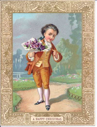 花束を持ったヴィクトリア朝の服を着た少年のクリスマスカード、1880年頃（カラーリトグラフ 作： English School