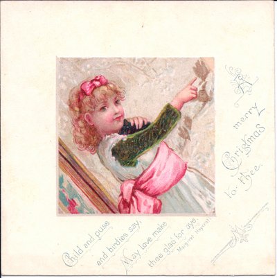 猫を抱いて何かを指差している少女のヴィクトリアン・クリスマスカード、1880年頃（カラーリトグラフ 作： English School