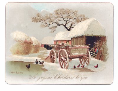 農場の池の近くにいるアヒルと鶏のヴィクトリアン・クリスマスカード、1880年頃（カラーリトグラフ 作： English School