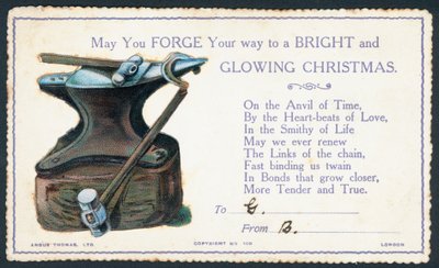 アンビルとハンマー付きのビクトリア朝のクリスマスカード 作： English School
