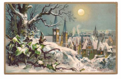 雪に覆われた月夜の教会と家々のビクトリア朝の年賀状、1880年頃（カラーリソ） 作： English School