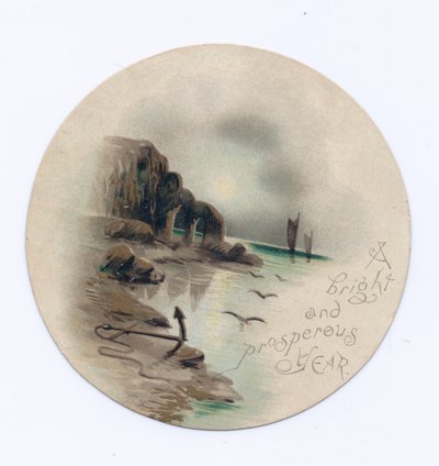 月夜に浮かぶ2艘のヨットが描かれた海景のヴィクトリアン・サーキュラー・ニューイヤーカード、1880年頃（カラーリトグラフ版 作： English School
