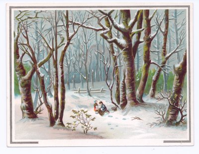 2人の子供が雪の中で枝を集めているヴィクトリア朝のグリーティングカード、1880年頃（カラーリトホ 作： English School