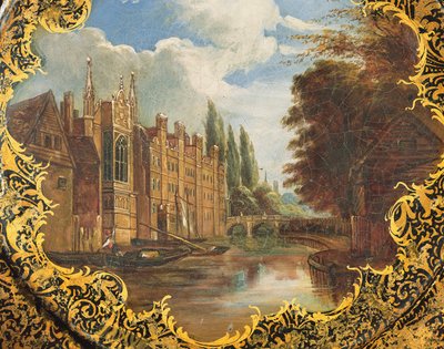 セントジョンズ大学、ケンブリッジ、サードコートとその橋（張り子張り子）のシーンで飾られたビクトリア朝のプレート 作： English School