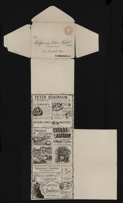 ロンドンのLeadenhall StreetにあるHalfpenny Letter Post Companyのヴィクトリア朝時代の郵便ステーショナリー（リトグラフ版 作： English School