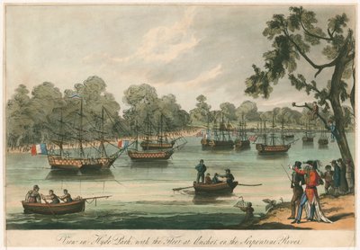 サーペンタイン川に停泊中の船団があるハイドパークの風景。ナウマチア。1814年の平和（彩色済み彫刻 作： English School