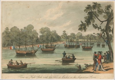 サーペンタイン川のアンカーの艦隊とハイドパークを表示します。ナウマチア。 1814年の平和 作： English School