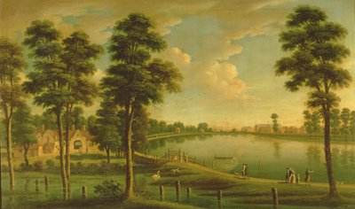 チェルシー貯水池と水道の眺め、ウェストミンスター寺院の遠景、1725年 作： English School