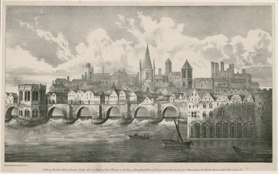 1500年頃のヘンリー7世の治世のような古いロンドン橋の眺め 作： English School