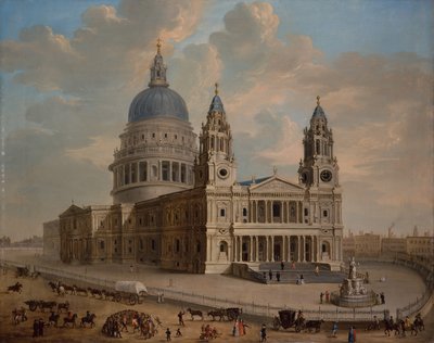 前景に人物がいるセントポール大聖堂の眺め、1725年頃（キャンバスに油彩） 作： English School