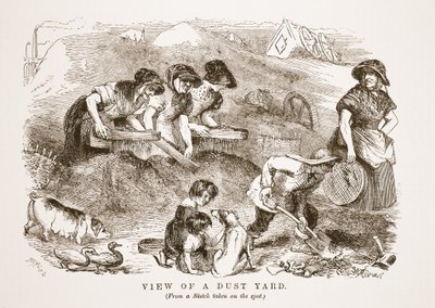 パブ、ヘンリーメイヒューによるロンドンレイバーとロンドンプアーのイラストのダストヤードのビュー。 1862 作： English School
