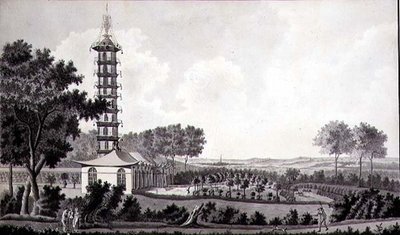 中国のパゴダのあるオランダ庭園の眺め、1770年頃（紙にペンとインクと水彩画 作： English School