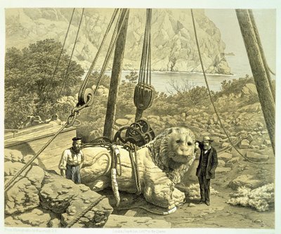 チャールズトーマスニュートン（1816-94）が1862年に発表したヘリカルナッソス、クニドゥス、および枝科での発見の歴史から、巨大なライオンが引き上げられている様子 作： English School
