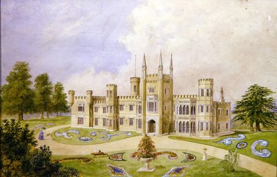 ゴシック様式のカントリーハウスとフォーマルガーデンの眺め、1840年頃（水彩・紙） 作： English School