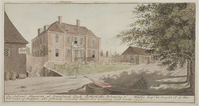 1796（紙にトイレ）、ロザハイト、バーモンドジーのグリーンランドドックで古代の大邸宅のビュー 作： English School