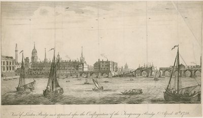1758年の火災後の古いロンドンブリッジの眺め 作： English School