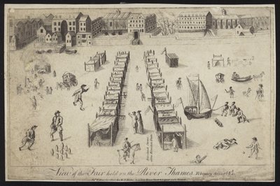 テムズ川で開催された見本市の眺め、1683〜1684年 作： English School