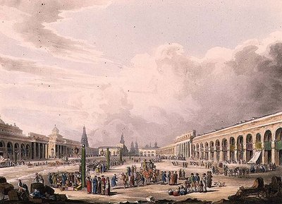 ルドルフ・アッカーマン（1764-1834）が出版した「モスクワの歴史的スケッチ」からのプレート3「モスクワの店のある大広場の眺め」1813年（アクアチント 作： English School