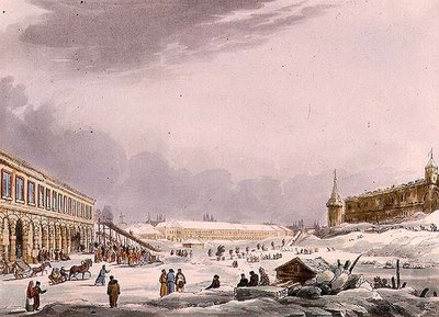 ルドルフ・アッカーマン（1764-1834）が出版した「モスクワの歴史的スケッチ」からのプレート8「モスクワの謝肉祭における氷の丘の眺め」1813年（アクアチント 作： English School