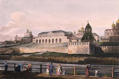 ルドルフ・アッカーマン（1764-1834）が出版した「モスクワの歴史的スケッチ」の第7版、モスクワのクレムリンの皇居の眺め（1813年、アクアチント 作： English School