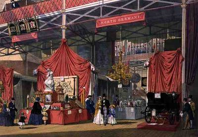 1851年の万国博覧会の北ドイツ部門に出展されたクリエ・アンド・サンズ社の楽器スタンドの様子（『ディッキンソンの包括的な絵』より）（カラーリトグラフ 作： English School