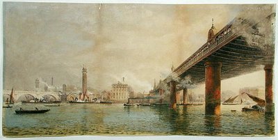 ウォータールー橋とハンガーフォード橋の間のテムズ川南岸の眺め、1870年頃（水彩・紙） 作： English School