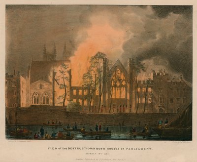 1834年10月16日、両方の国会議事堂の破壊のビュー 作： English School