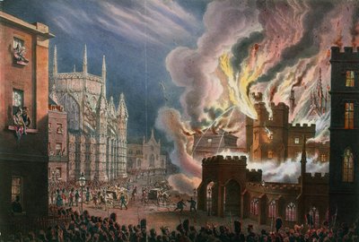 1834年10月16日、両方の国会議事堂の破壊のビュー 作： English School